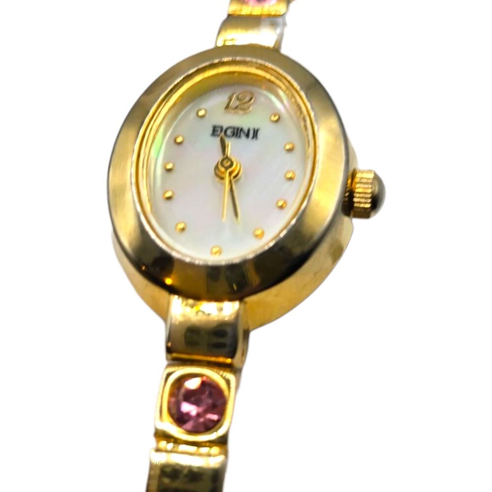 Watch Elgin II Women's Pink Crystal Gold Toned Bracelet Band Analog Oval - Picture 8 of 8